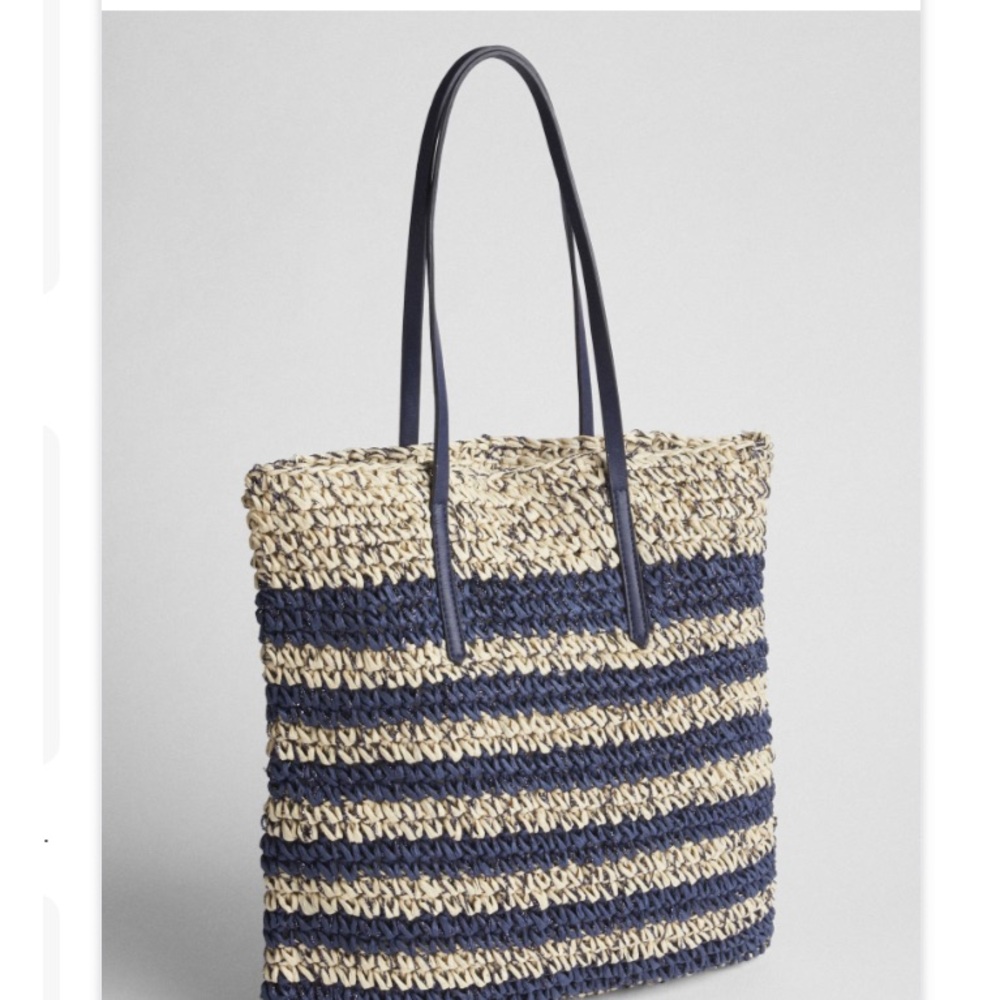 GAP Woven Metallic Straw Tote Navy Stripe